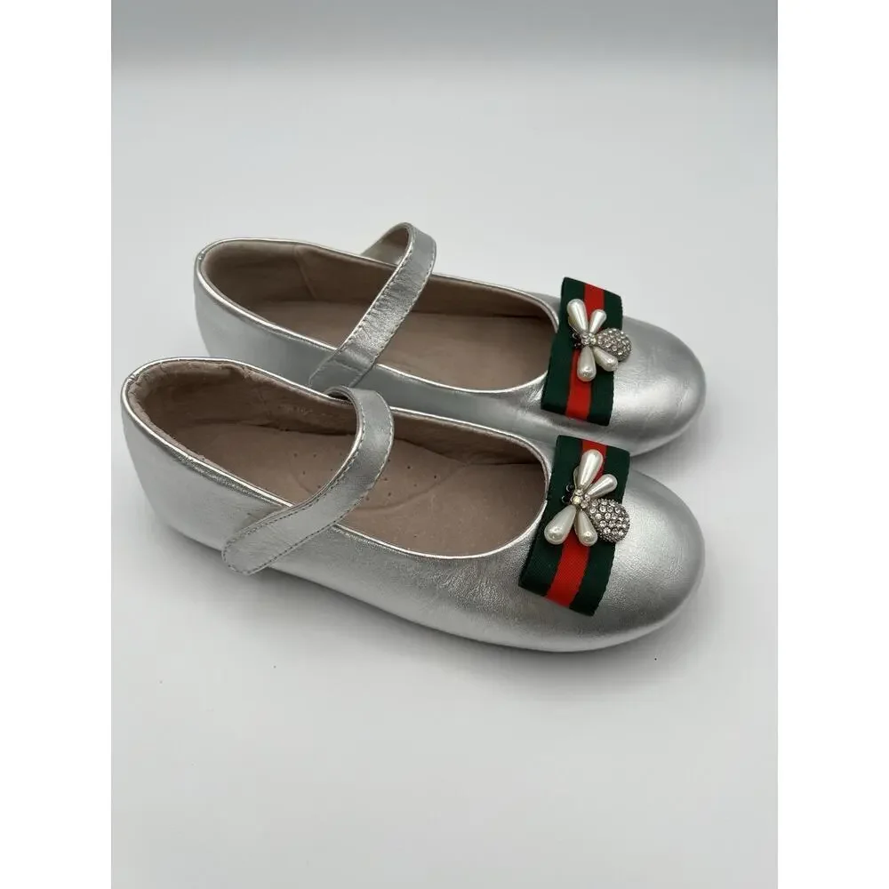 Mr. Baby Girls Leather Closed Toe Flat Little Kids Shoes NEW Sz 31 Us 13 Silver